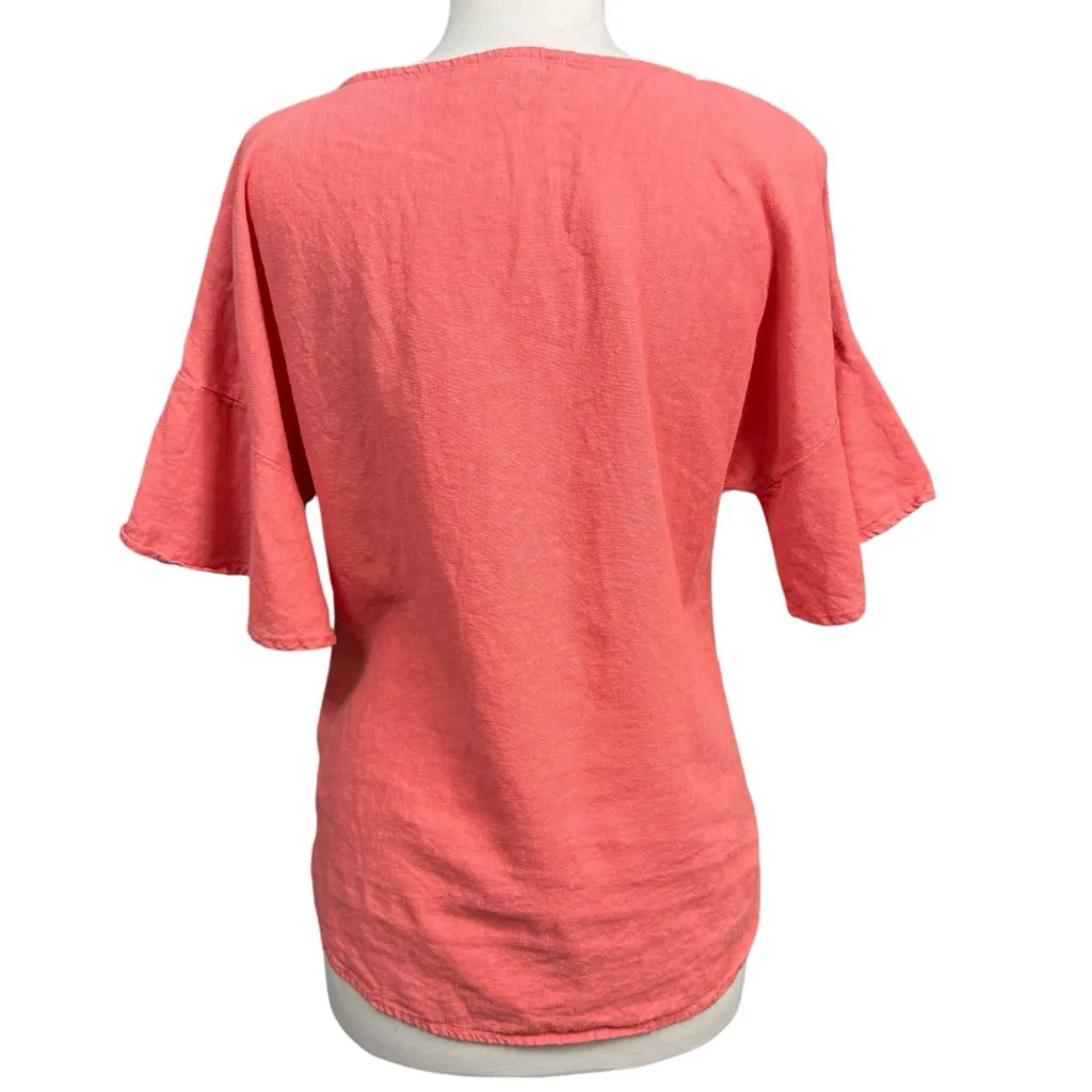 Ellen Tracy Coral Linen Blend Button Shoulder Top Women’s Size M - Image 6