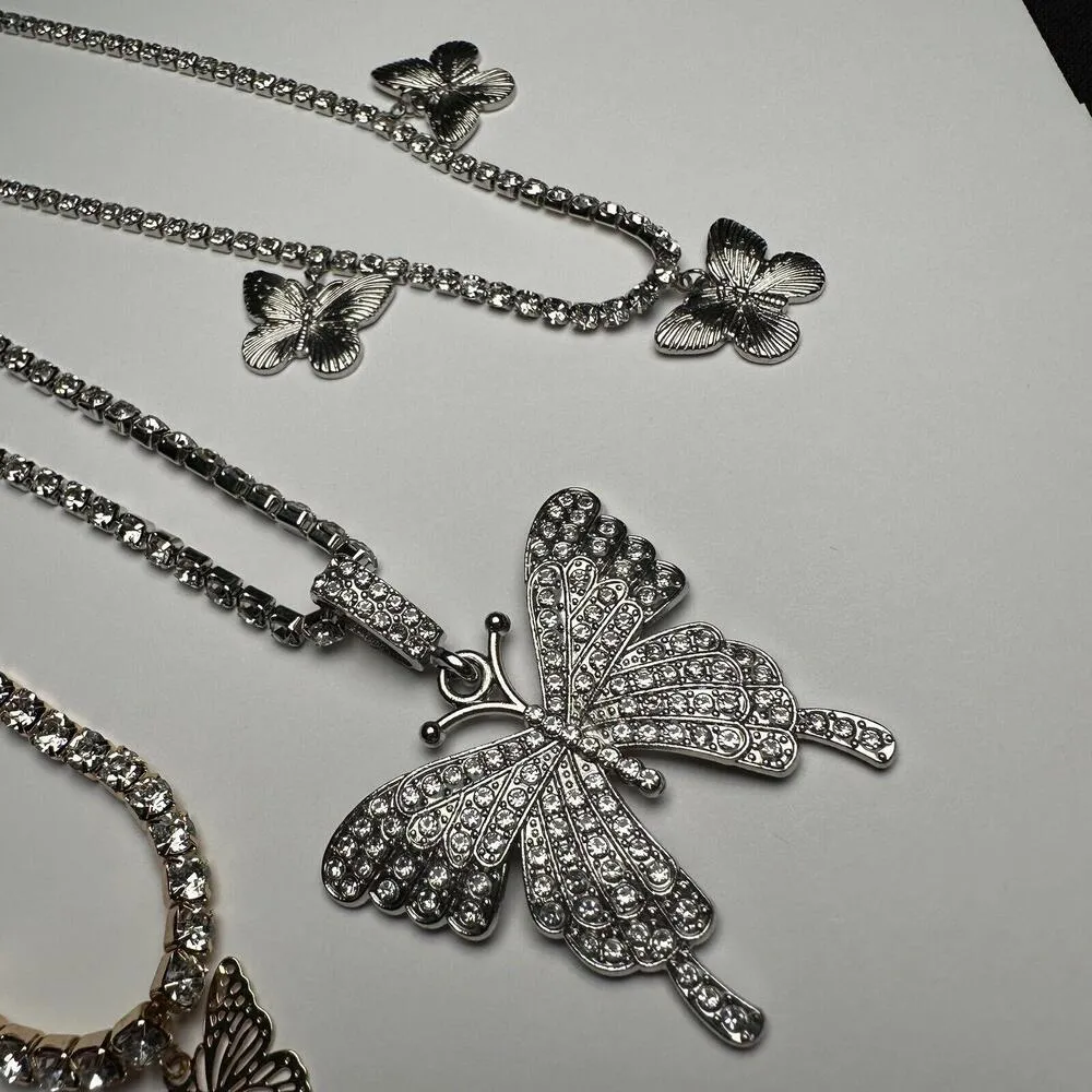 Lot Of 3 Rhinestone Necklace Butterfly Insect 2 Silver Tone 1 Gold Tone - Image 3