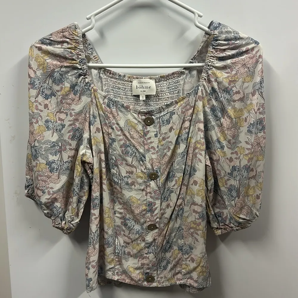 Bohme Floral Faux Button Front Smocked Back Balloon Half Sleeve Top Small - Image 5