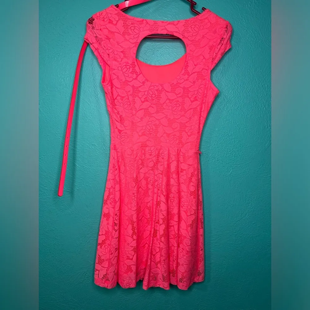 Candie's Bright Hot Pink Mini Lace Floral Dress w/Belt - Image 3