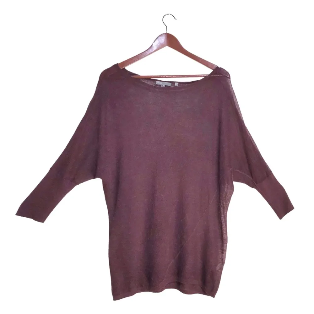 Maroon Wool Silk & Alpaca Knit Blend Sheer 3/4 Dolman Sleeve Tunic Top - Image 2