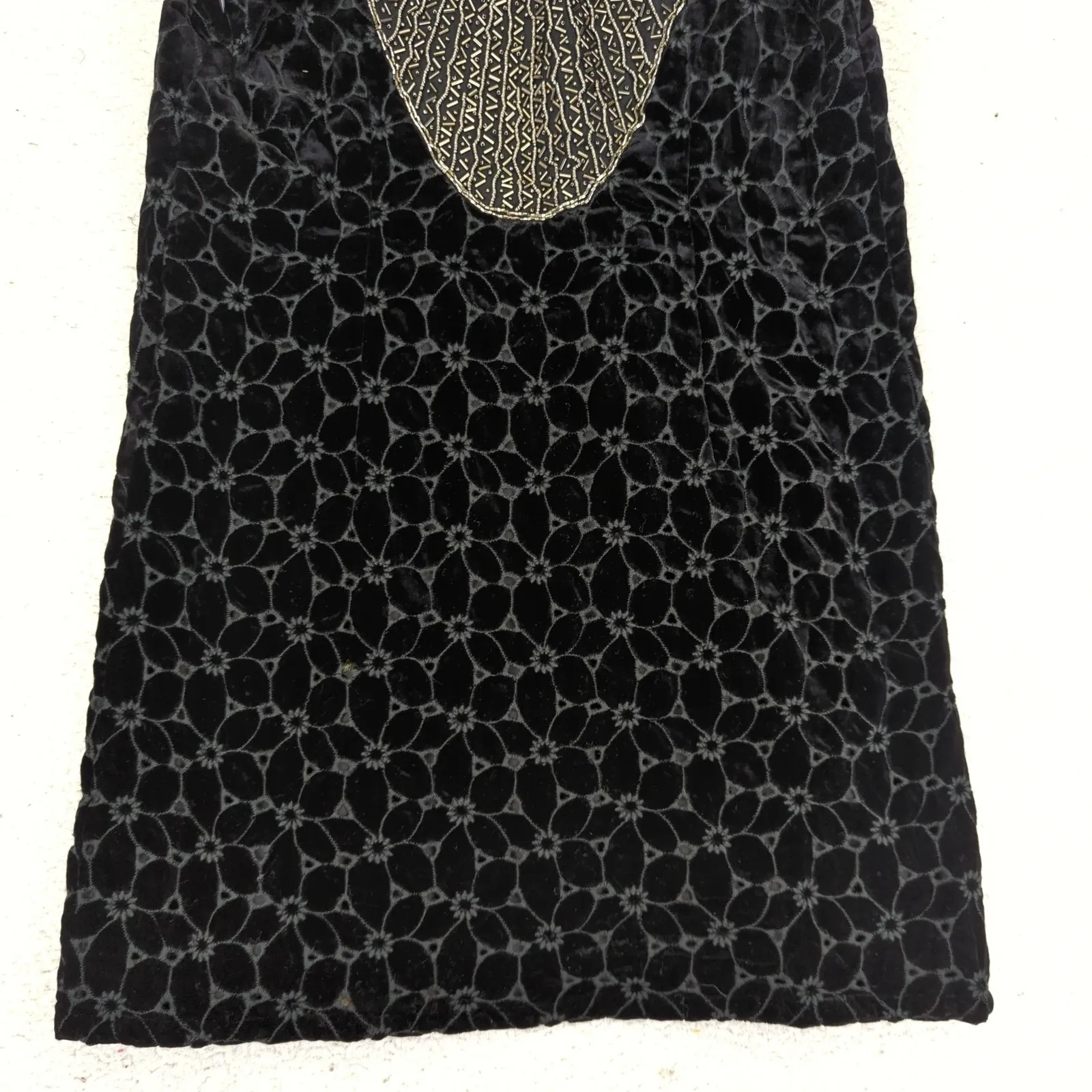 Free People Velvet Mini Dress Black Floral Beaded Sleeves Size 6‎ Eyelet Flapper - Image 6