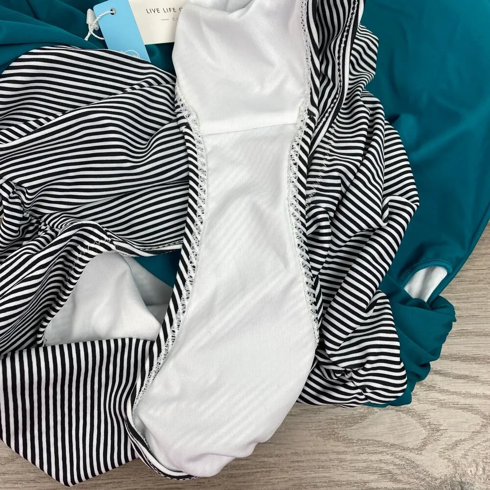 Cupshe Teal&Black Stripe Halter Tie One Piece Swimsuit Sz.XL NWT - Image 13