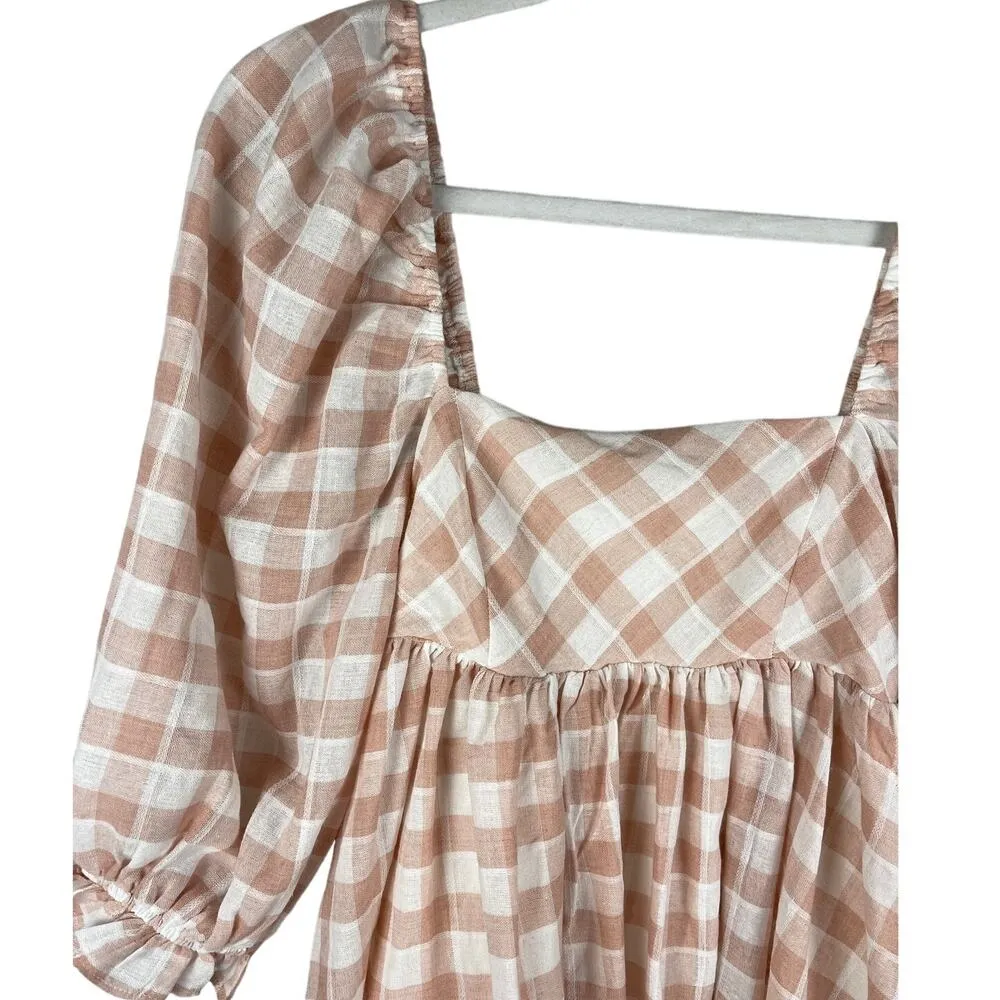 Gypsy Rose Pink & White Gingham Babydoll Dress Puffed Sleeves Pockets Size Small - Image 3