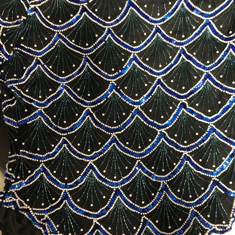 Vintage 80s  Scalloped Hem Silk Blouse Sequin Faux Pearls Blouse L - Image 4