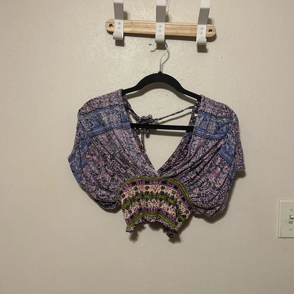 Free People‎ Purple Next Vacation Smocked Cropped Boho Top Size XS - Image 3