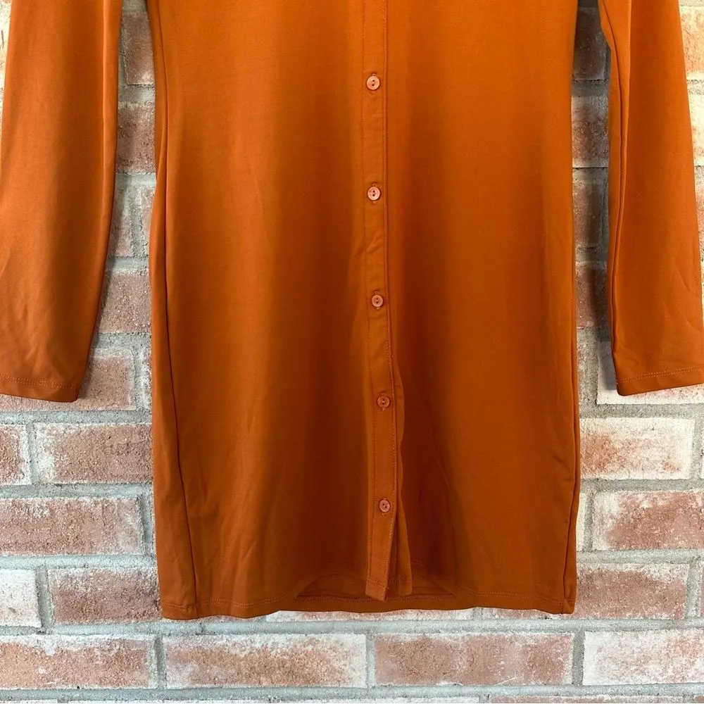 NWT Abercrombie & Fitch Slinky Knit Button Shirt Dress Rust Orange Medium Petite - Image 3