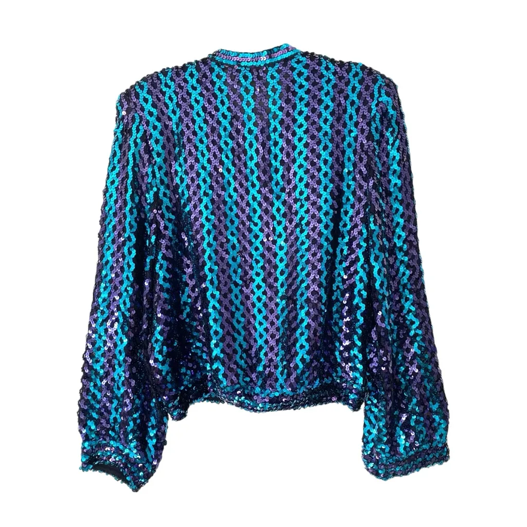 Three Flaggs California 70s Disco Sequin Jacket Blue Purple Black size large - Image 5