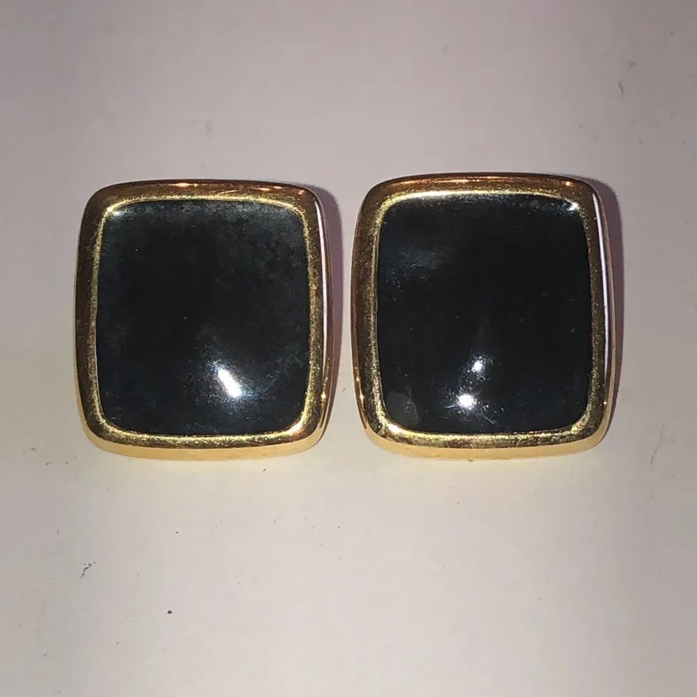 Monet Vintage Black Enamel & Gold Tone Classic Retro Pierced Earrings - Image 2