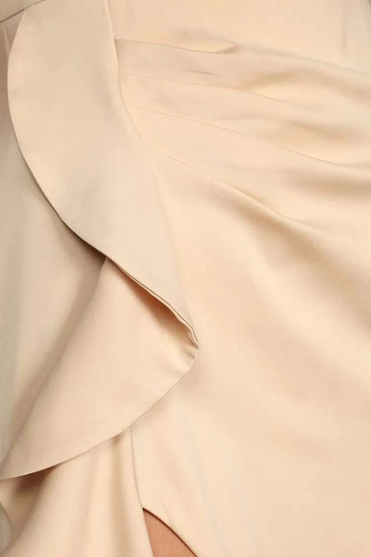 Like What You See Beige Satin Asymmetrical Ruffled Midi Dress - Image 5