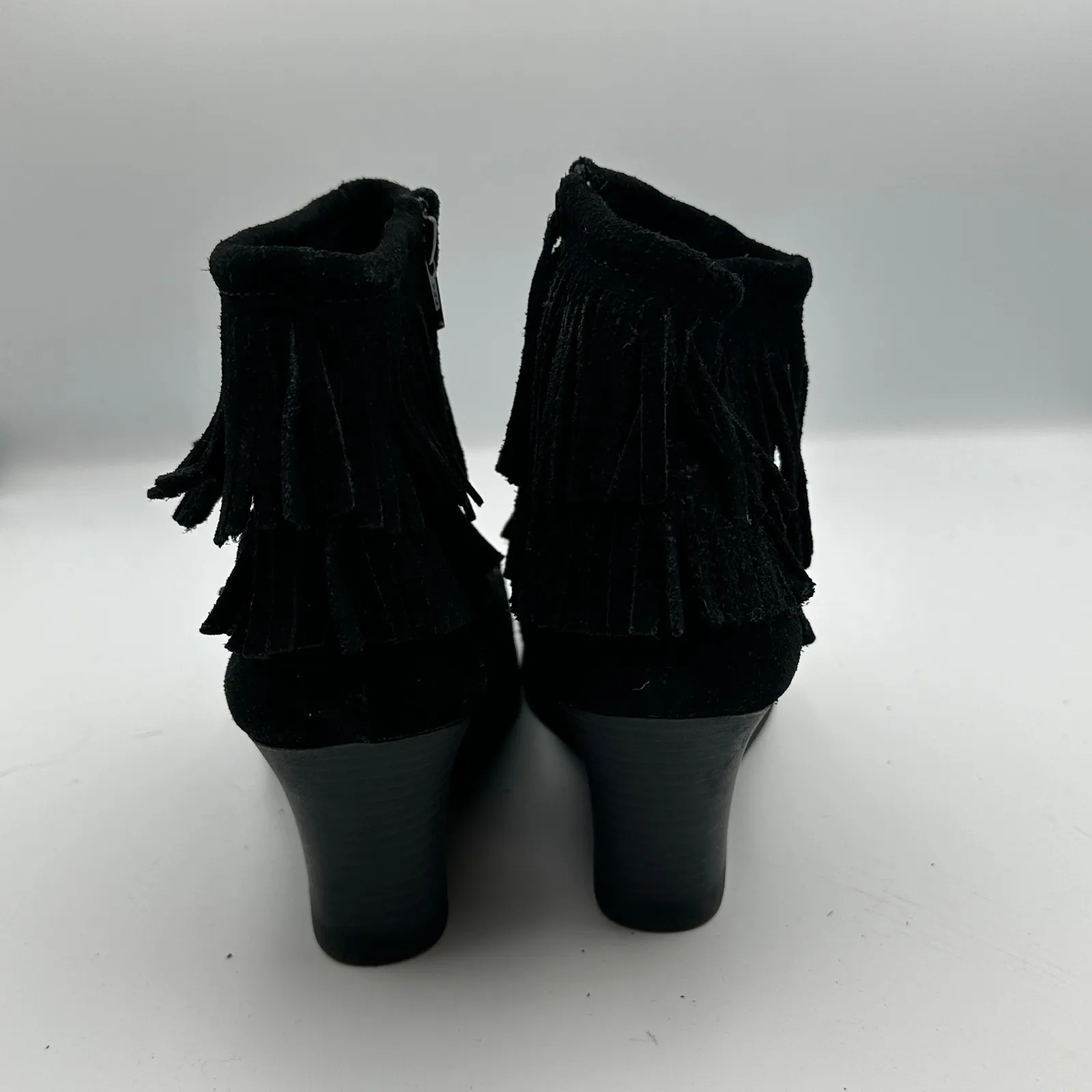 Minnetonka Black Suede Leather Fringe Ankle Wedge Booties Women 7.5‎ Festive - Image 4