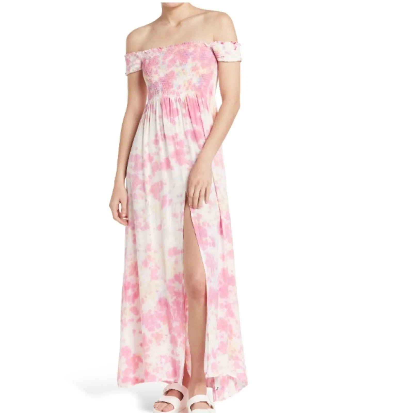 Pink White Tie Dye Smocked Off the Shoulder Area Stars Kaia Dress Size Medium - Image 3