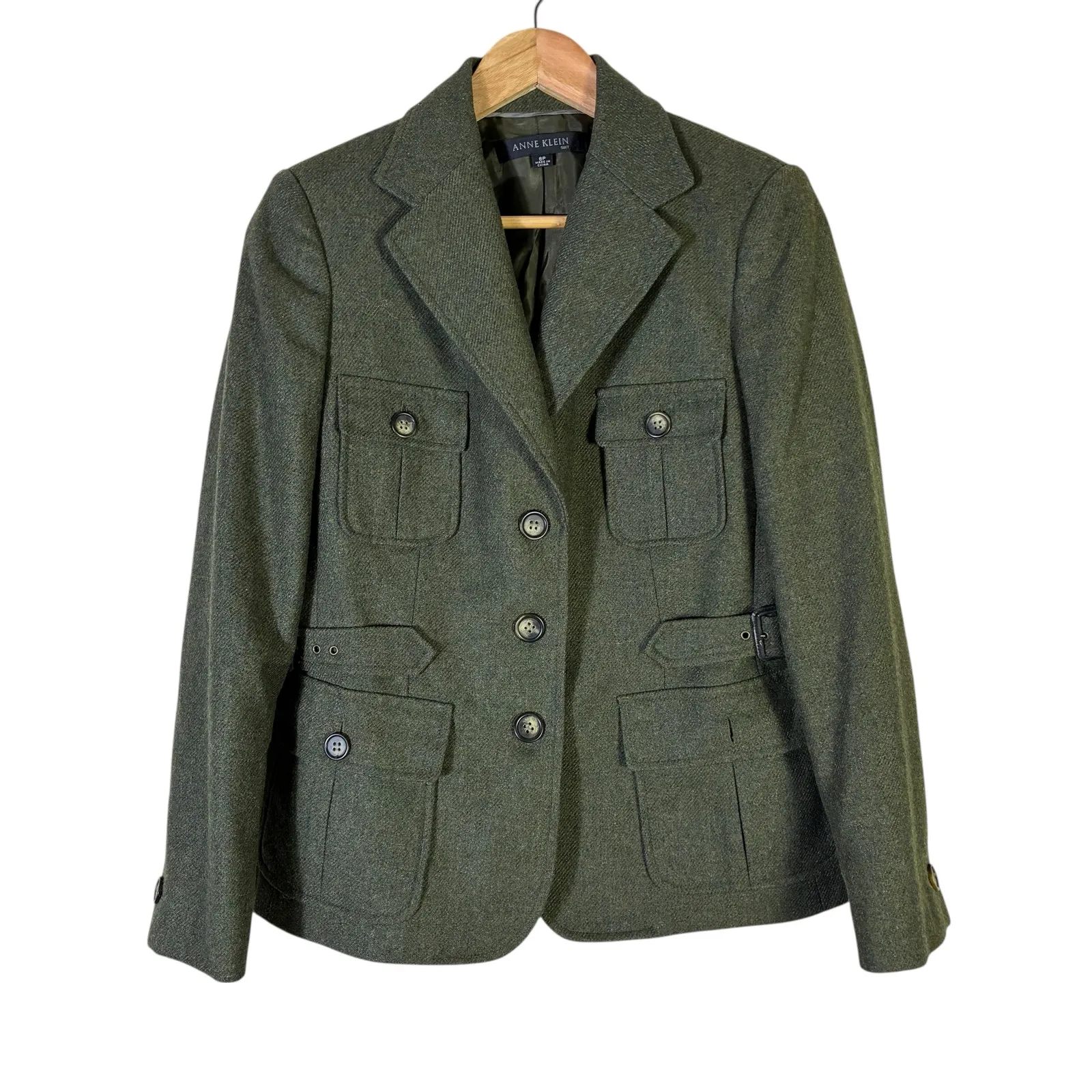 Anne Klein Wool Utility Blazer Jacket Womens 8P Green Old Money Quiet Luxury - Image 2