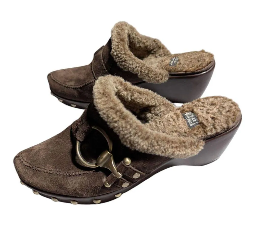 Vtg Y2K Stuart Weitzman Circuit Cola Brown Suede Shearling Lined Wedge Clogs 7 - Image 7