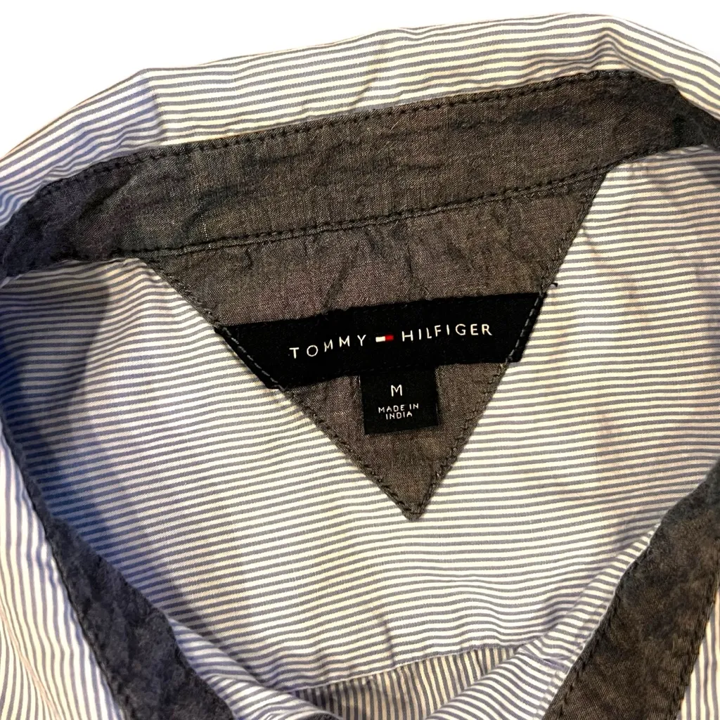 VTG Y2K Tommy Hilfiger Womens Shirt Sz M Flag Blue Pinstripe Long Sleeve Preppy - Image 6