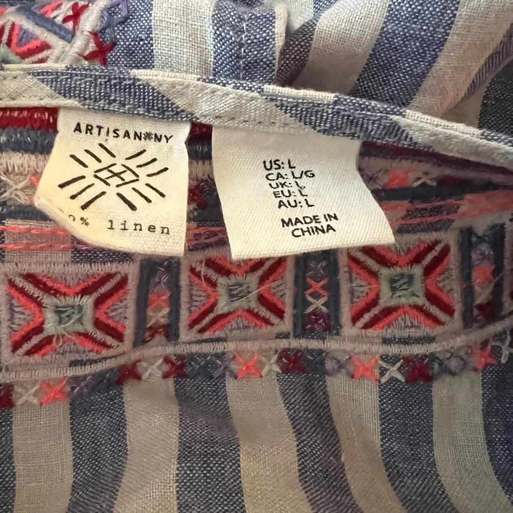 ARTISAN NY 100% Linen Striped and Floral Embroidered Sleeveless Top Size Large - Image 2