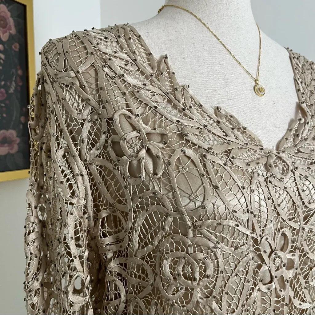 SOULMATES Champagne Asymmetrical Silk Beaded Top Romantic Boho Garden Fairy - Image 3