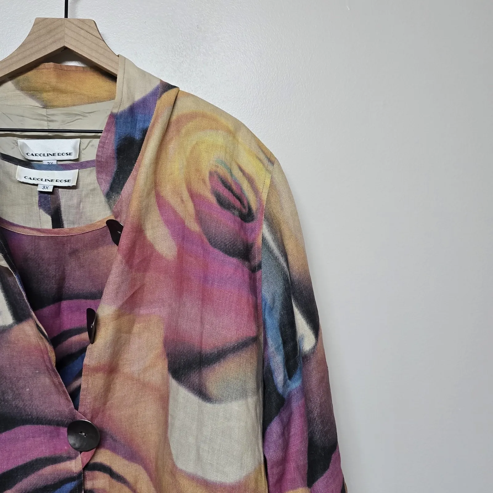 Caroline Rose Linen Lined Jacket Blazer Pockets w/ Tank Art Colorful Sz 3X USA - Image 2