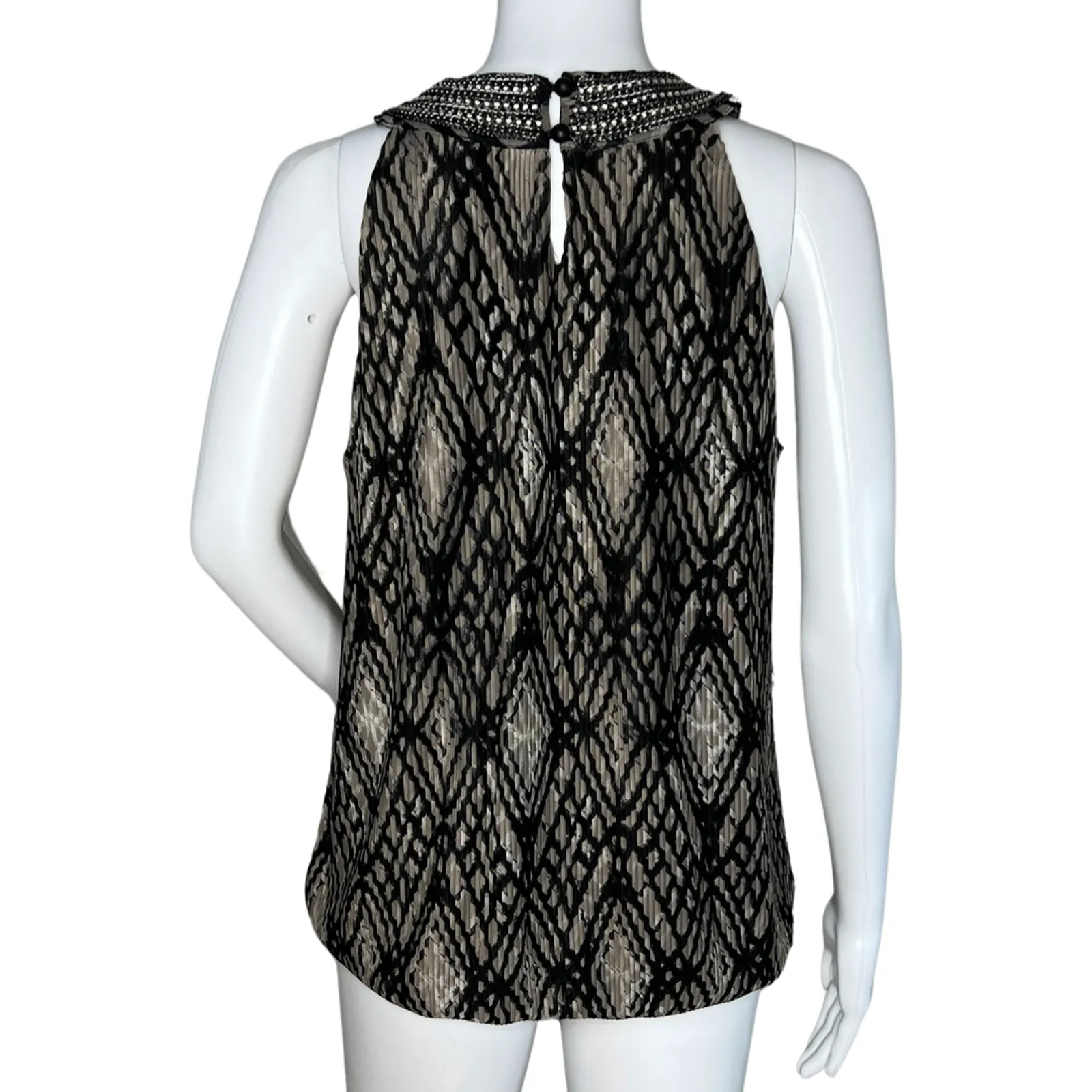 Alfani Shirt Womens Medium Black Tan Geo Print Sleeveless‎ Beaded Neckline Party - Image 4
