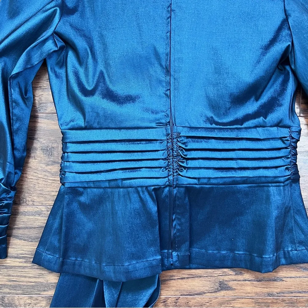 TADASHI • Stretch Taffeta Blouse teal blue ruched sleeve tie waist wing collar - Image 10