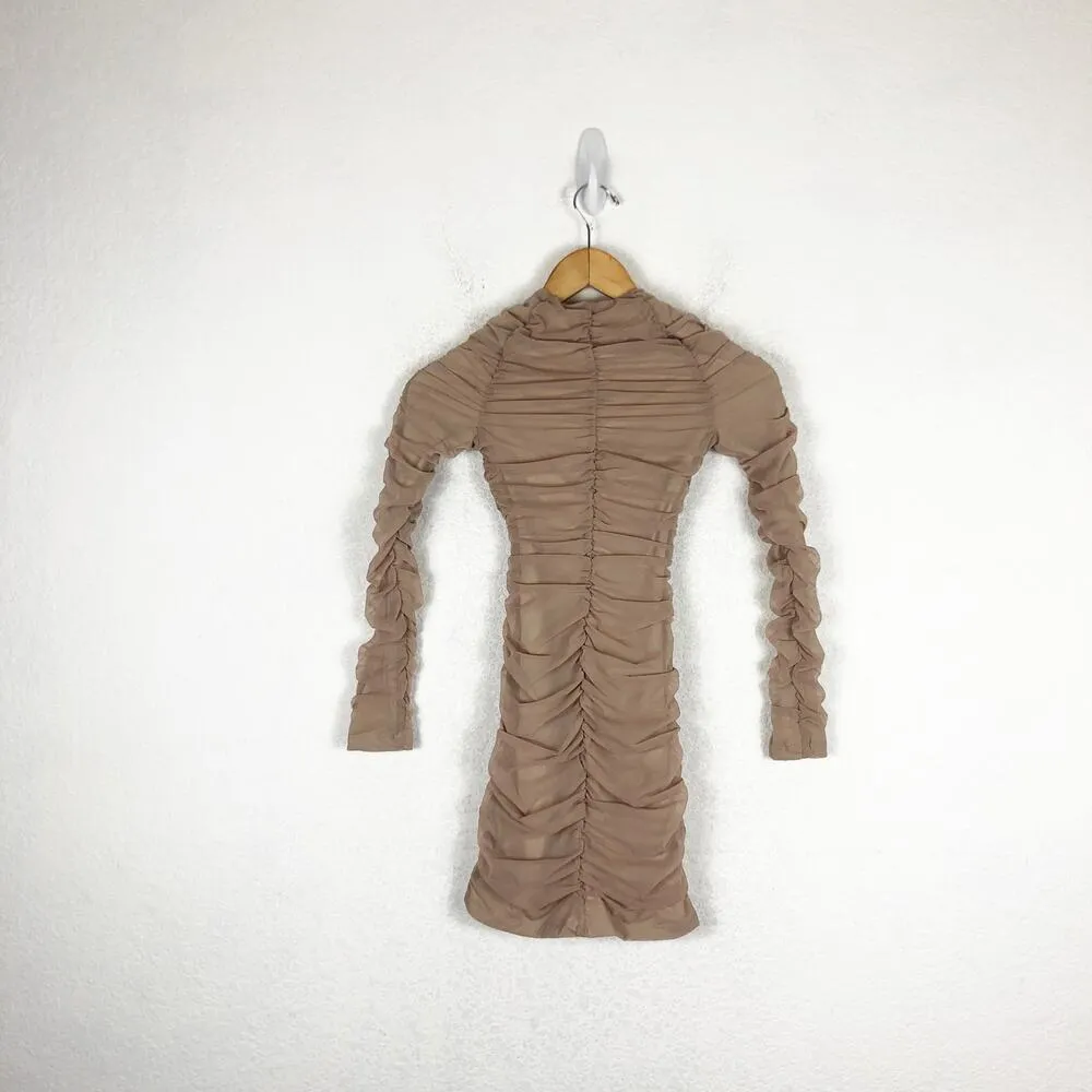NWT Michael Costello REVOLVE Franky Mini Dress Taupe Size XS Ruched Long Sleeve Tan - Image 12