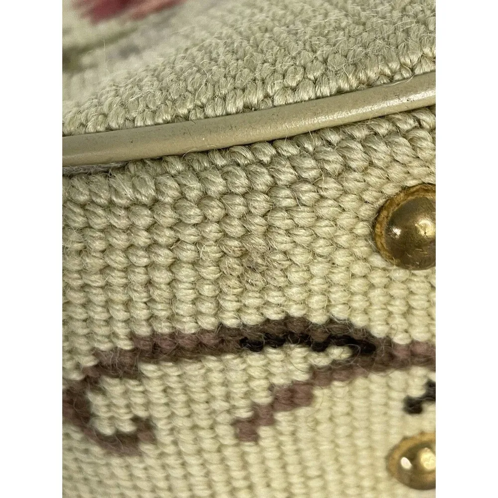 Vintage 50's Needlepoint Floral Purse Handbag Pockets Coin Purse Beige - Image 14