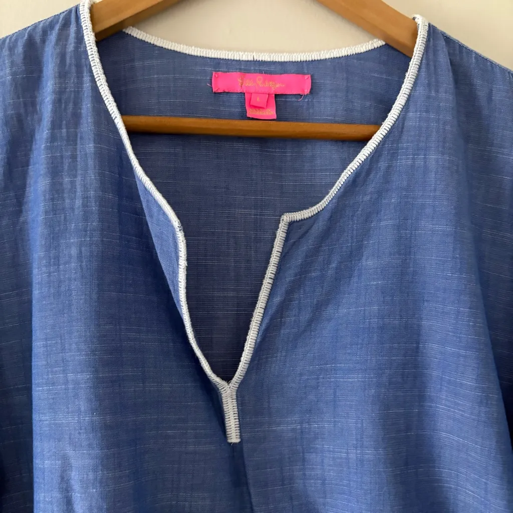 Lilly Pulitzer Amelia Island Flounce Sleeve Top Coastal Blue Lace Accent Size L - Image 5