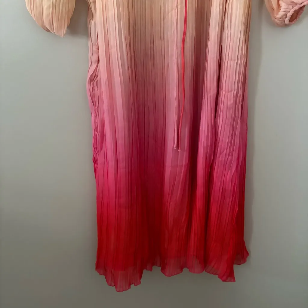 New Something Navy Maxi Dress Pleated Tie Waist Long Sleeve pink combo ombré M - Image 7