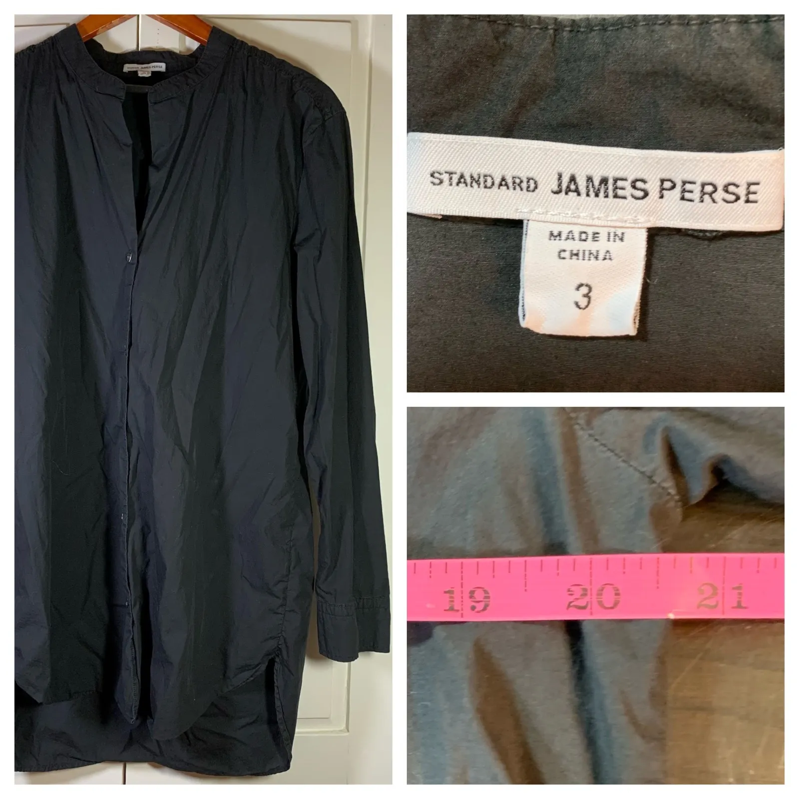 Standard JAMES PERSE Black Split Mandarin Collar Button-Up Cotton Shirt 3 Large‎ - Image 2