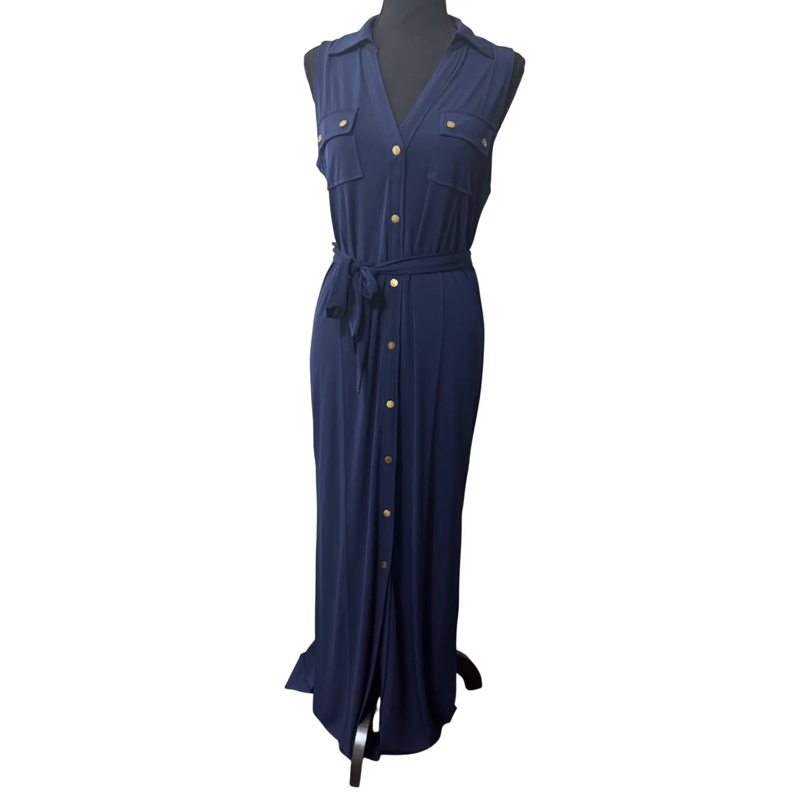 MICHAEL KORS classic Navy sleeveless sexy Shirt Dress Maxi Belted Gold Buttons M - Image 2