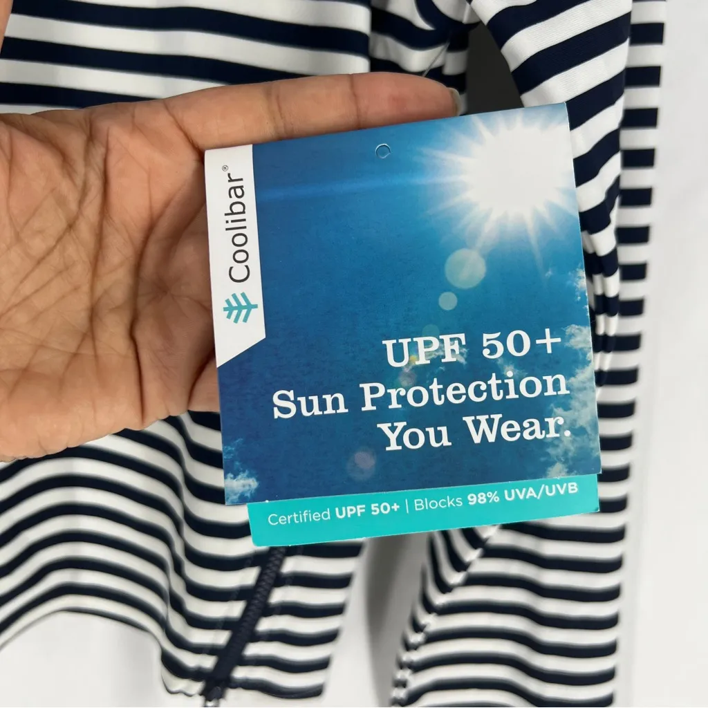 Coolibar Bayfront Rash Guard Bra Top Long Sleeve Zipper Sides Striped NWT Size M Blue Size M - Image 10