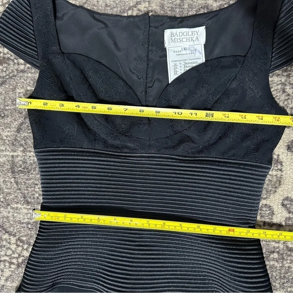 Badgley Mischka Women’s 6 Black Lace Bustier Top Rhinestone Button Back Dress - Image 9