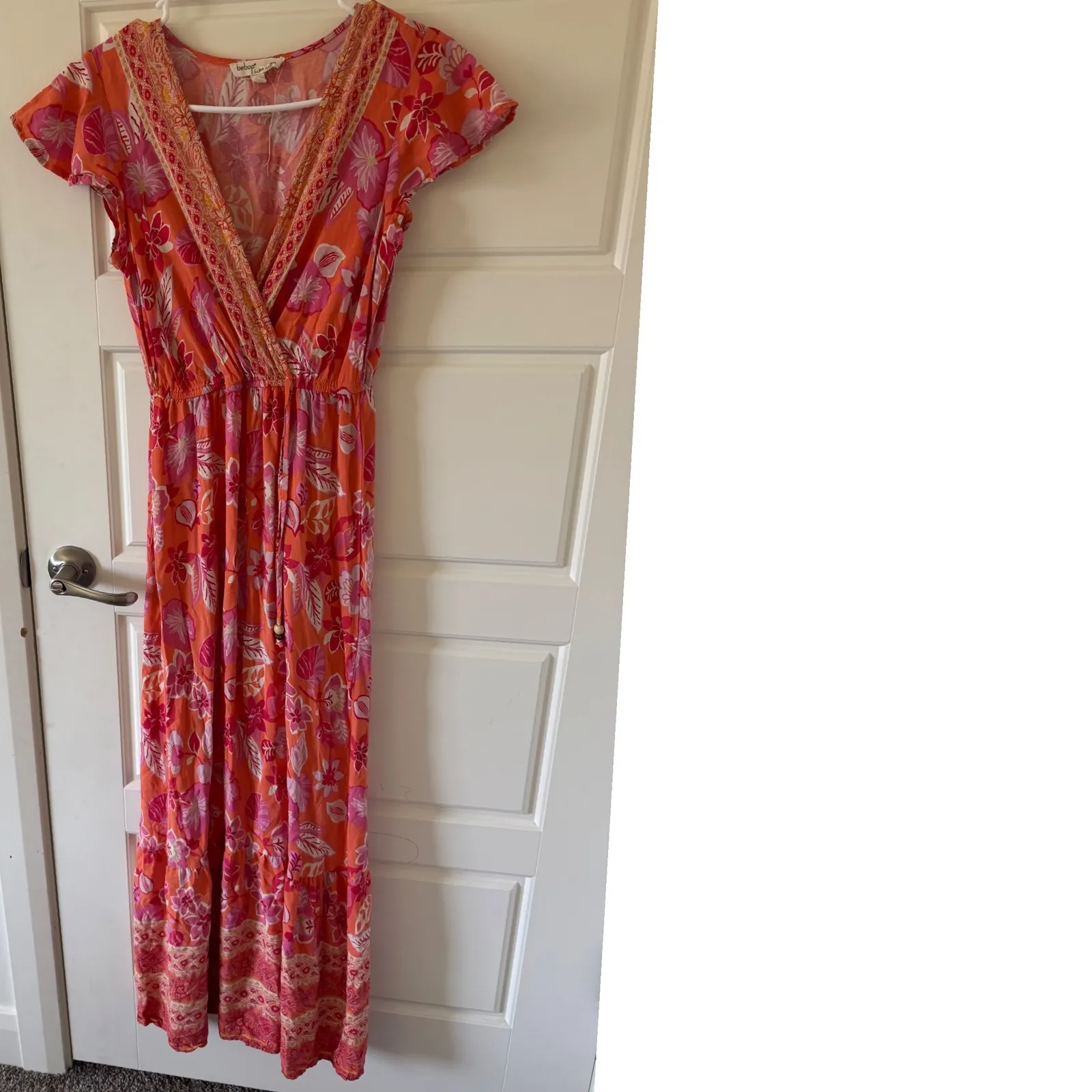 Bebop sz XS Women Pink Funky Floral VNeck Tassle Maxi Dress Beachy Boho Festival - Image 5