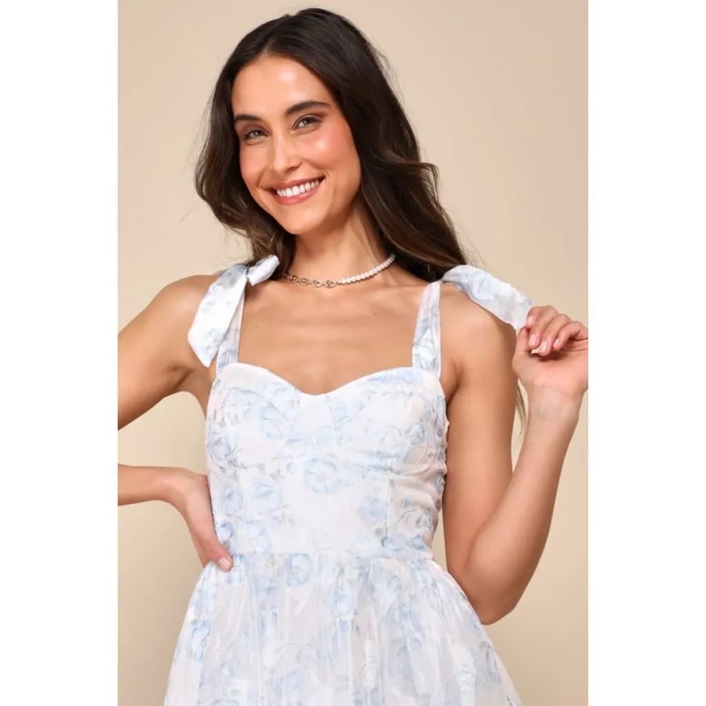 Lulus White Baby Blue Floral Burnout Tie-Strap Sweetheart Midi Dress Size M - Image 3