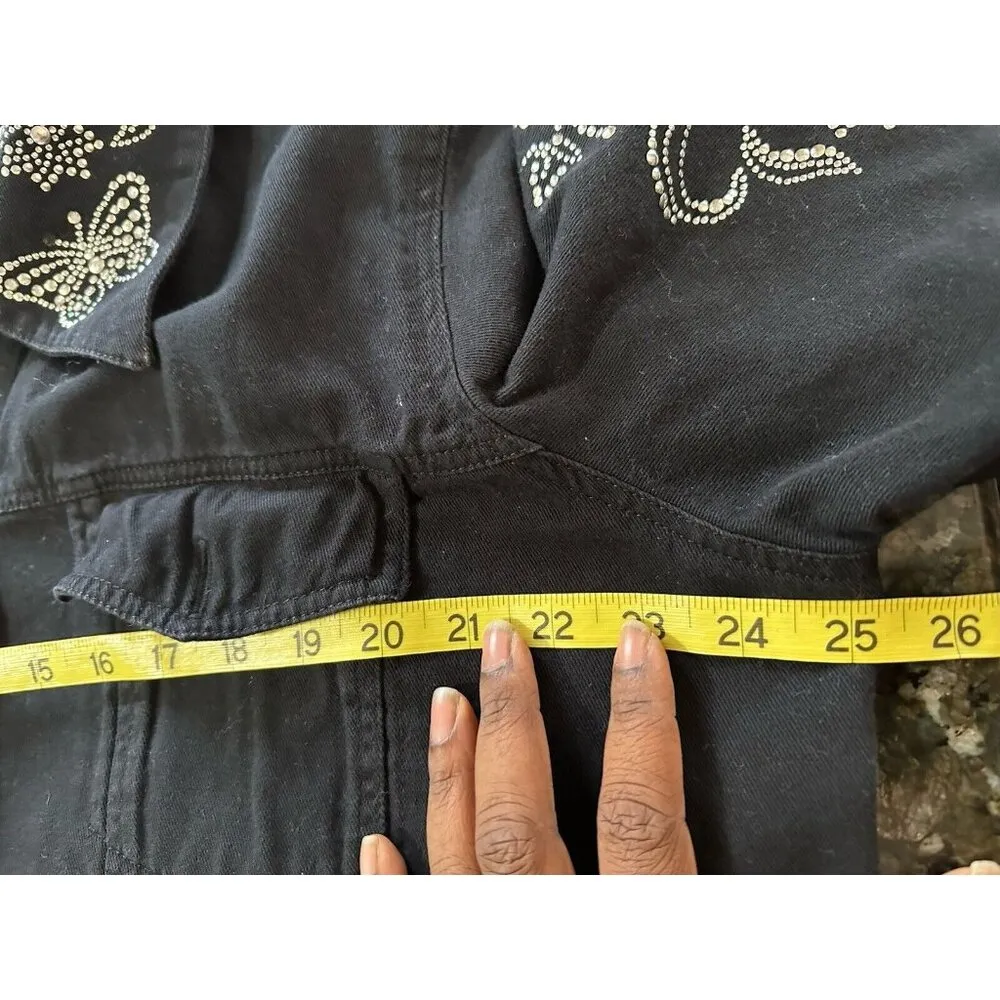 Quacker factory rhinestone butterfly bomber jean jacket black Sz 1X soft sparkly - Image 7