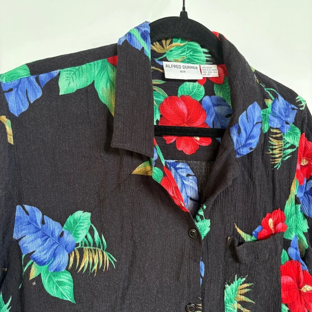 Vtg Hawaiian Print Colorful Vacation Top Black Button Down Resortwear Cruise 16W - Image 2