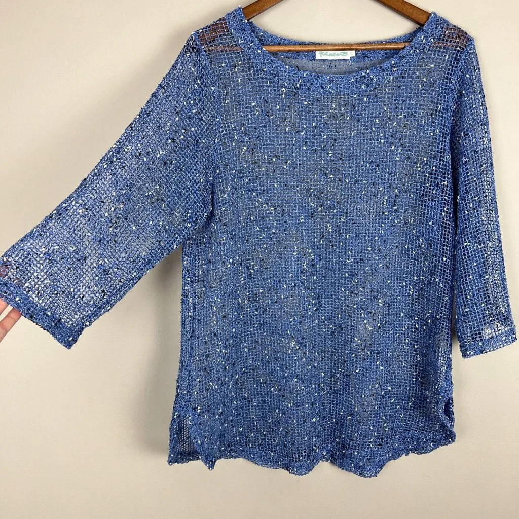 Lulu‎ B Tunic Top Womens XL Blue Net Mesh Mermaid Fishnet Open Knit 3/4 Sleeve - Image 5