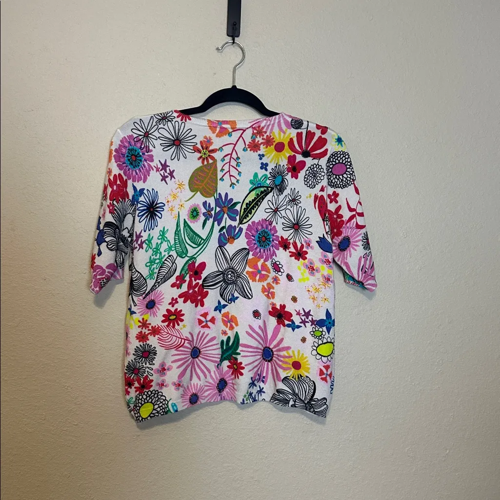 VILAGALLO Flower Print V Neck weater in pink multi Size Medium - Image 6