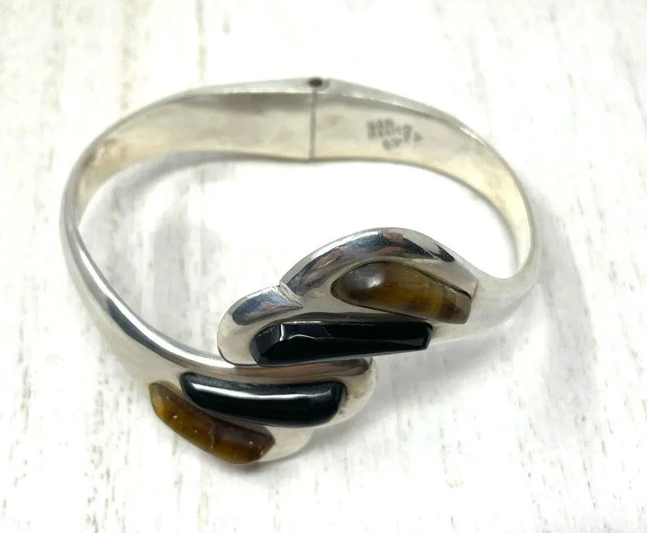 TAXCO Sterling silver, Onyx, Tiger’s Eye hinged bracelet - Image 2