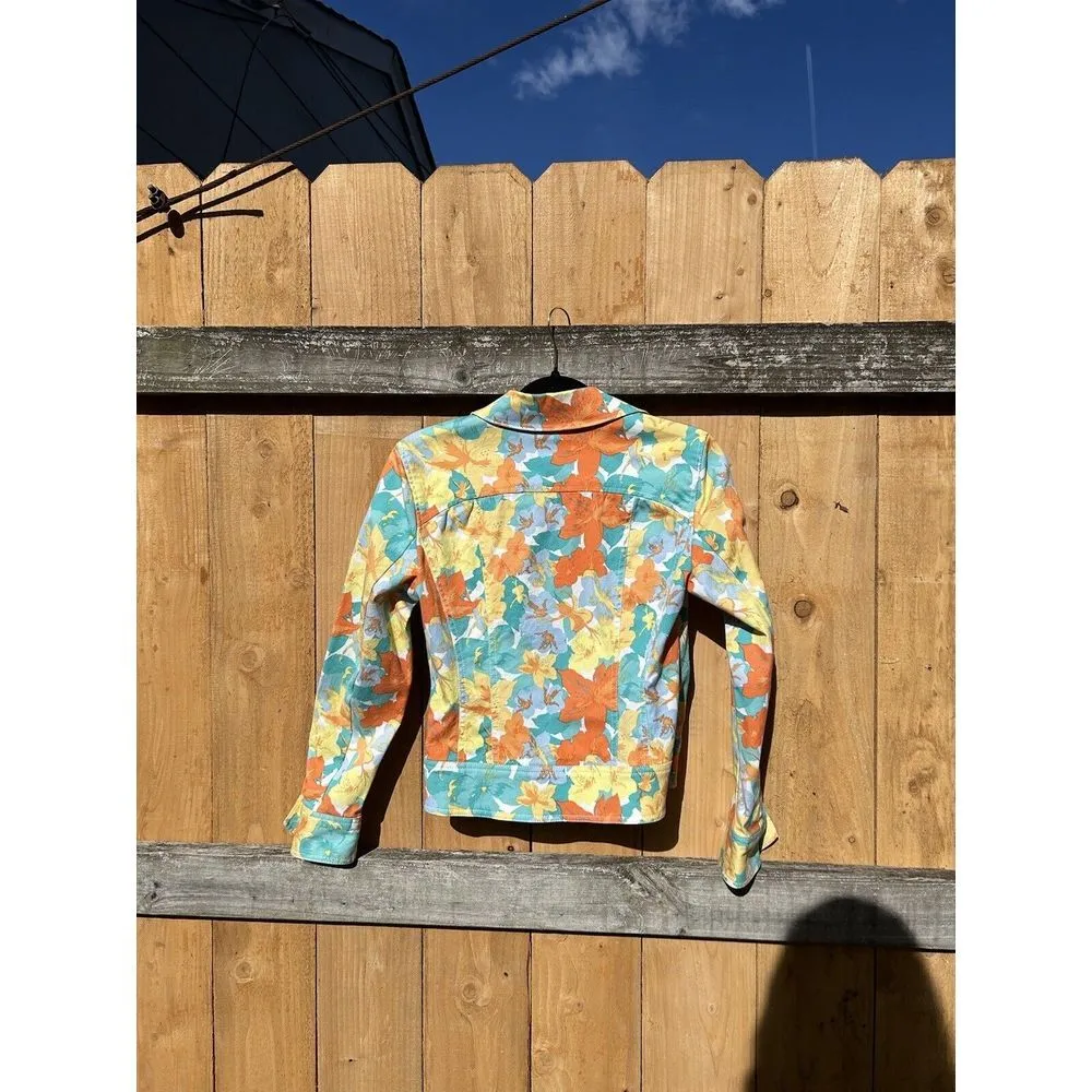 Nicole Miller Womens Floral Long Sleeve Cotton Denim Jacket 6 Orange Blue Button - Image 7