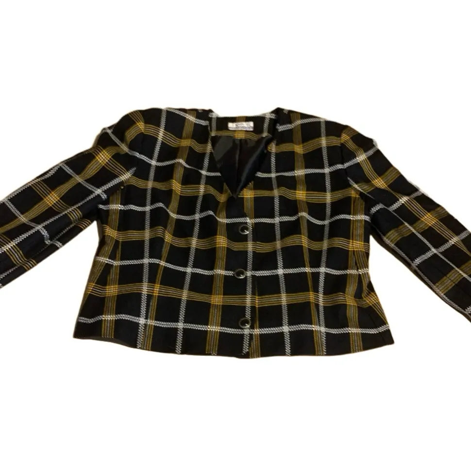 VINTAGE 1980'S TANNER PLAID BLACK, YELLOW & WHITE BLAZER (14) Multiple - Image 11