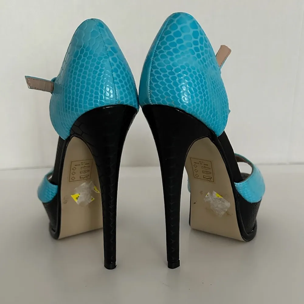 NEW SCENE Platform Stiletto High Heels Y2K Snakeskin Aqua Blue w Black Size 7.5 - Image 5