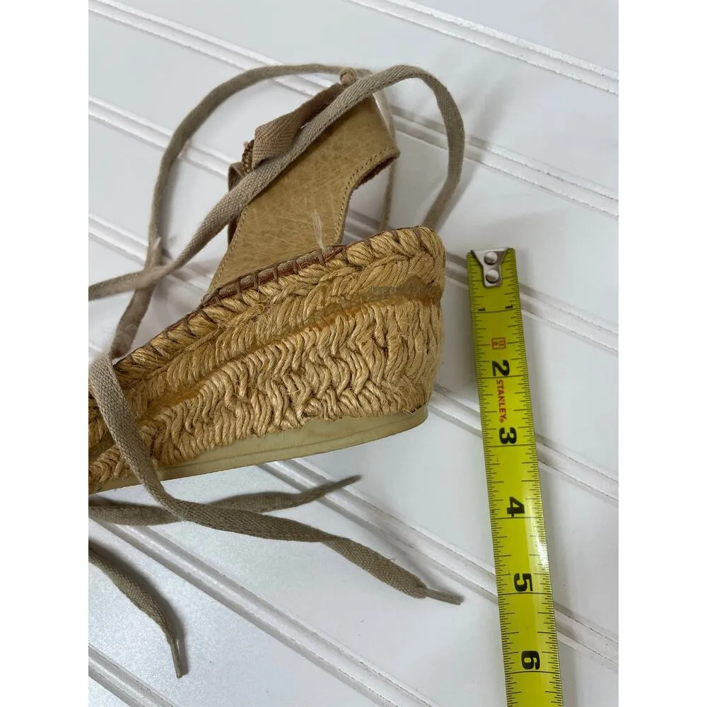 ERIC MICHAEL Womens Beige Wedge Leather Sandals Espadrille Lace up Size 37 6.5 7 - Image 4