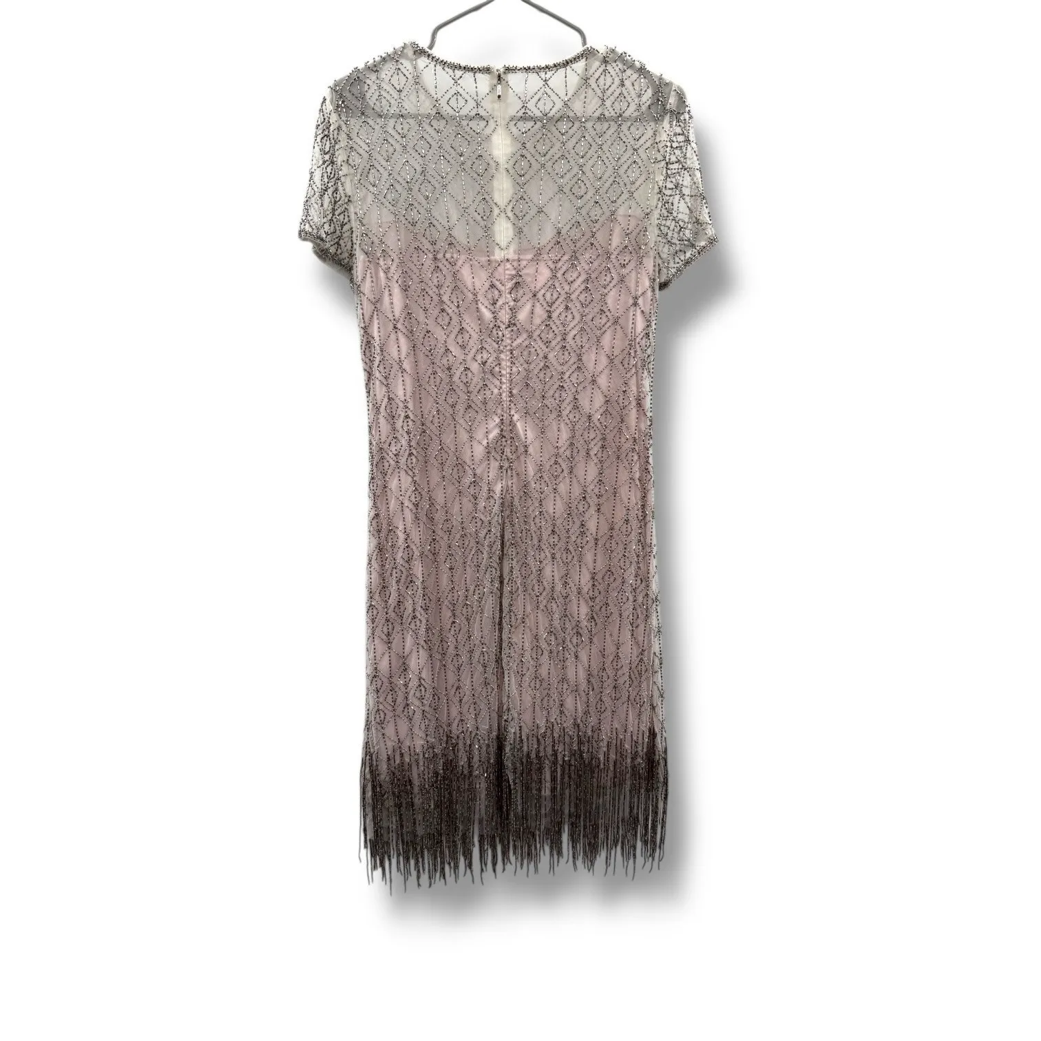 Elie Tahari Beaded Fringe Dress Women's Size 10 Short Sleeve Sheer Overlay - Image 5