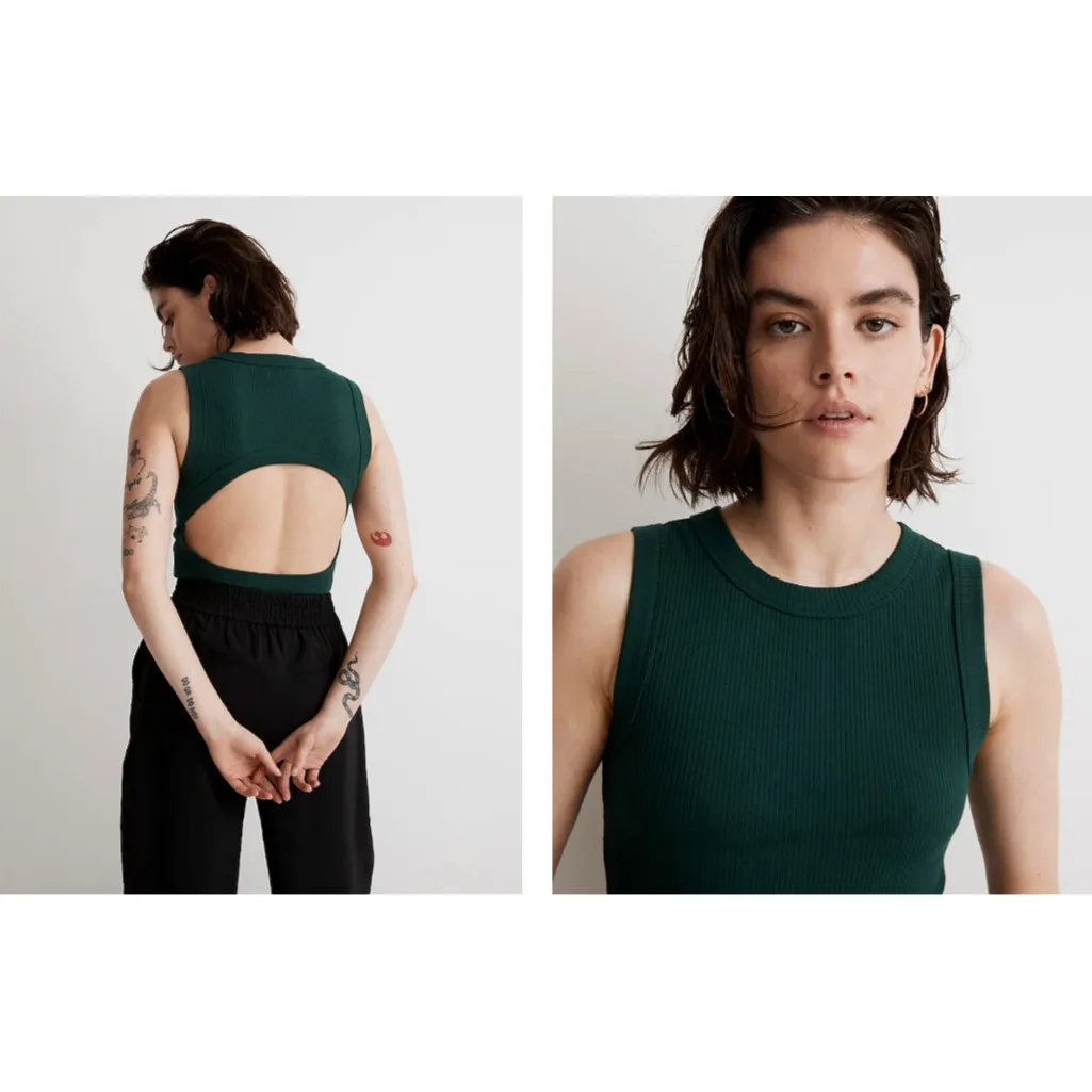 Madewell Green Ribbed Open Back Sleeveless High Neck Bodysuit Sz Small - Image 2