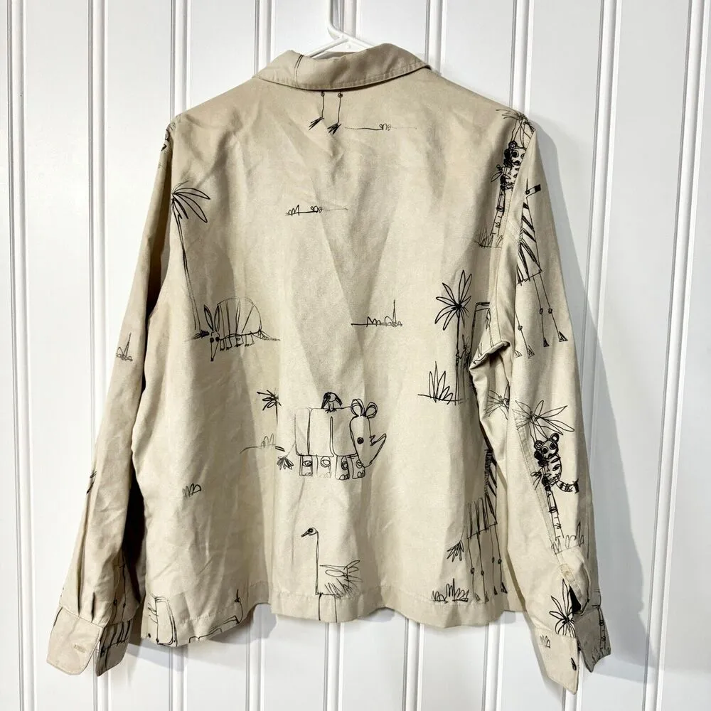 CHICOS Button Down Women SZ 3/L Polyester Animal Artwork Drawling Collared Tan - Image 5