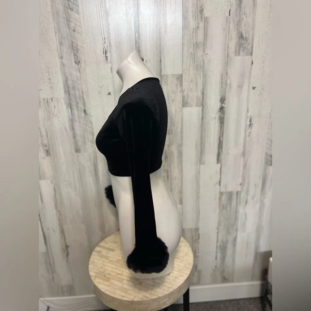 XS Black Velvet Zip Front Crop Top w/ Fur Cuff Sleeves | Long Sleeve Party Top Black - Image 3
