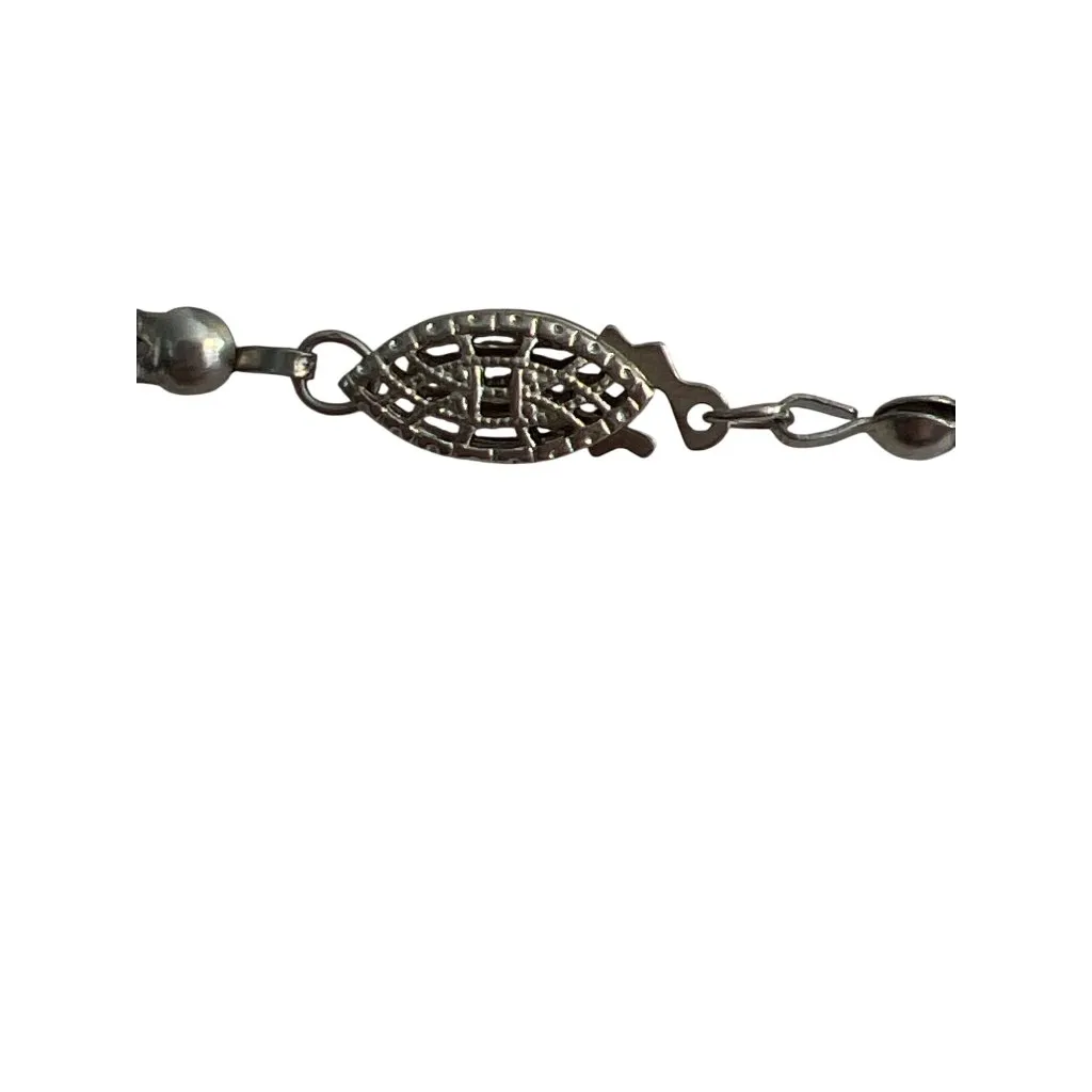 Vintage Silver Faux Pearl Necklace Knotted Sterling Silver Hook Clasp Estate 18" - Image 4