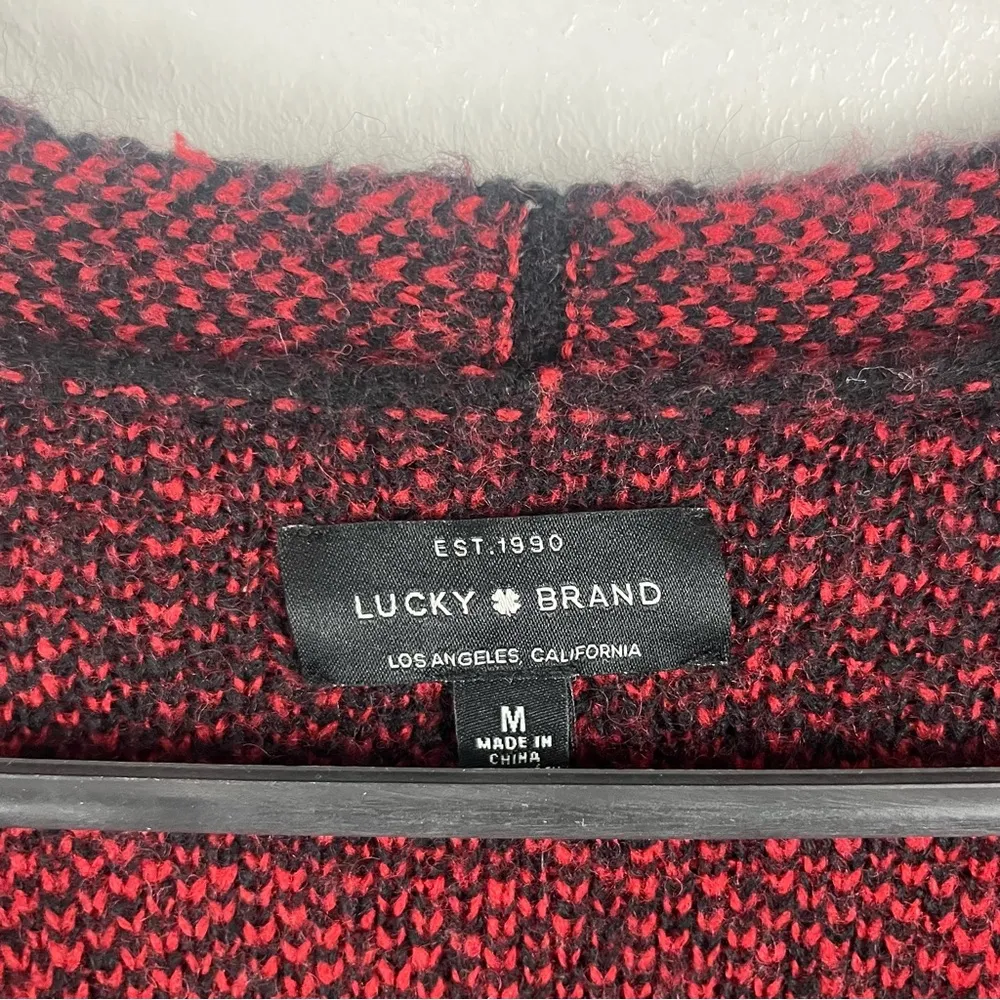 LUCKY BRAND Red Black Checkered Wool Blend Long Open Cardigan, Size Medium - Image 3