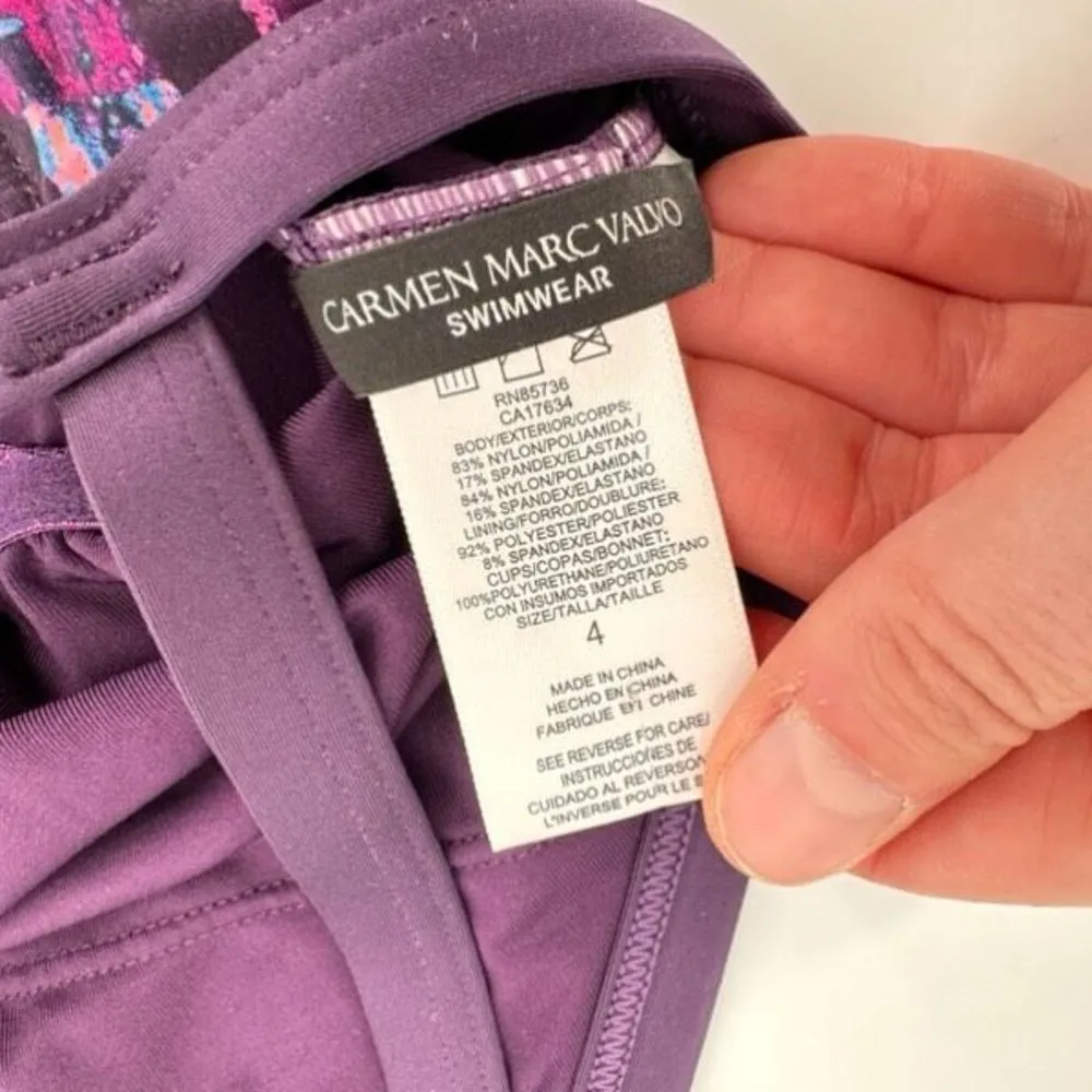 Carmen Marc Valvo Women's Tropical Palm Halter Open Back Swimsuit Purple Size 4 - Image 7